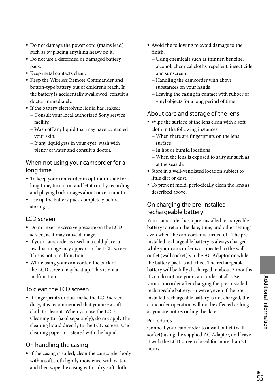 When not using your camcorder for a long time, Lcd screen, On handling the casing | About care and storage of the lens, On charging the pre-installed rechargeable battery | Sony HDR-XR100 User Manual | Page 55 / 130