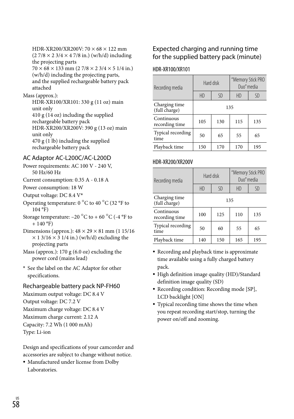 Rechargeable battery pack np-fh60, Hdr-xr00/xr00v | Sony HDR-XR100 User Manual | Page 58 / 130