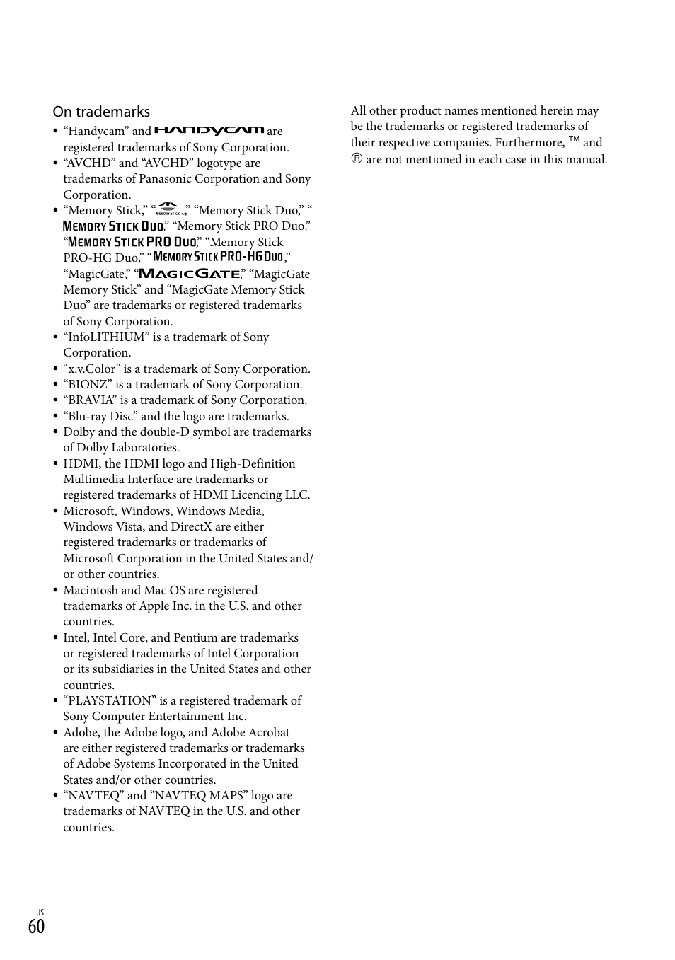 On trademarks | Sony HDR-XR100 User Manual | Page 60 / 130
