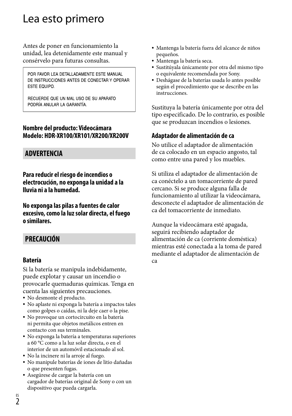 Lea esto primero, Guía de operaciones, Advertencia | Precaución | Sony HDR-XR100 User Manual | Page 66 / 130