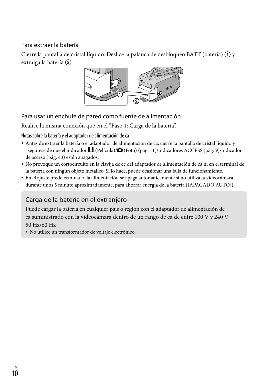 Carga de la batería en el extranjero | Sony HDR-XR100 User Manual | Page 74 / 130