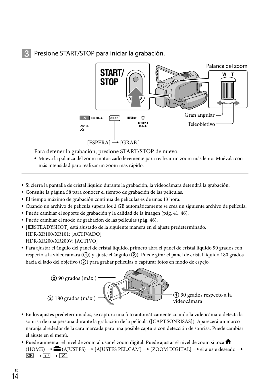 Presione start/stop para iniciar la grabación | Sony HDR-XR100 User Manual | Page 78 / 130