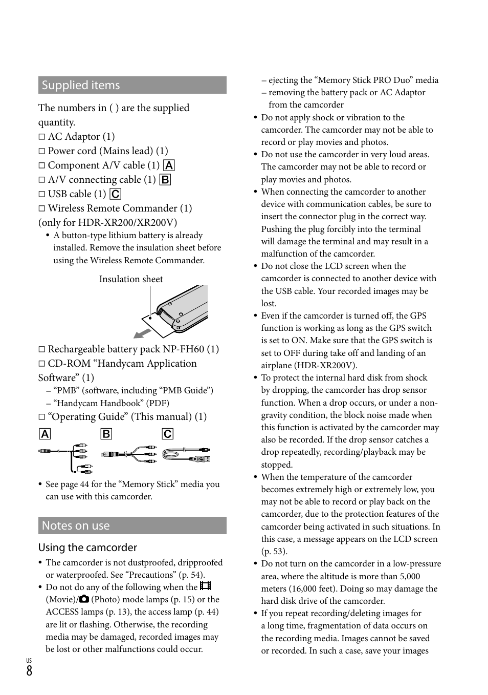 Supplied items, Using the camcorder | Sony HDR-XR100 User Manual | Page 8 / 130