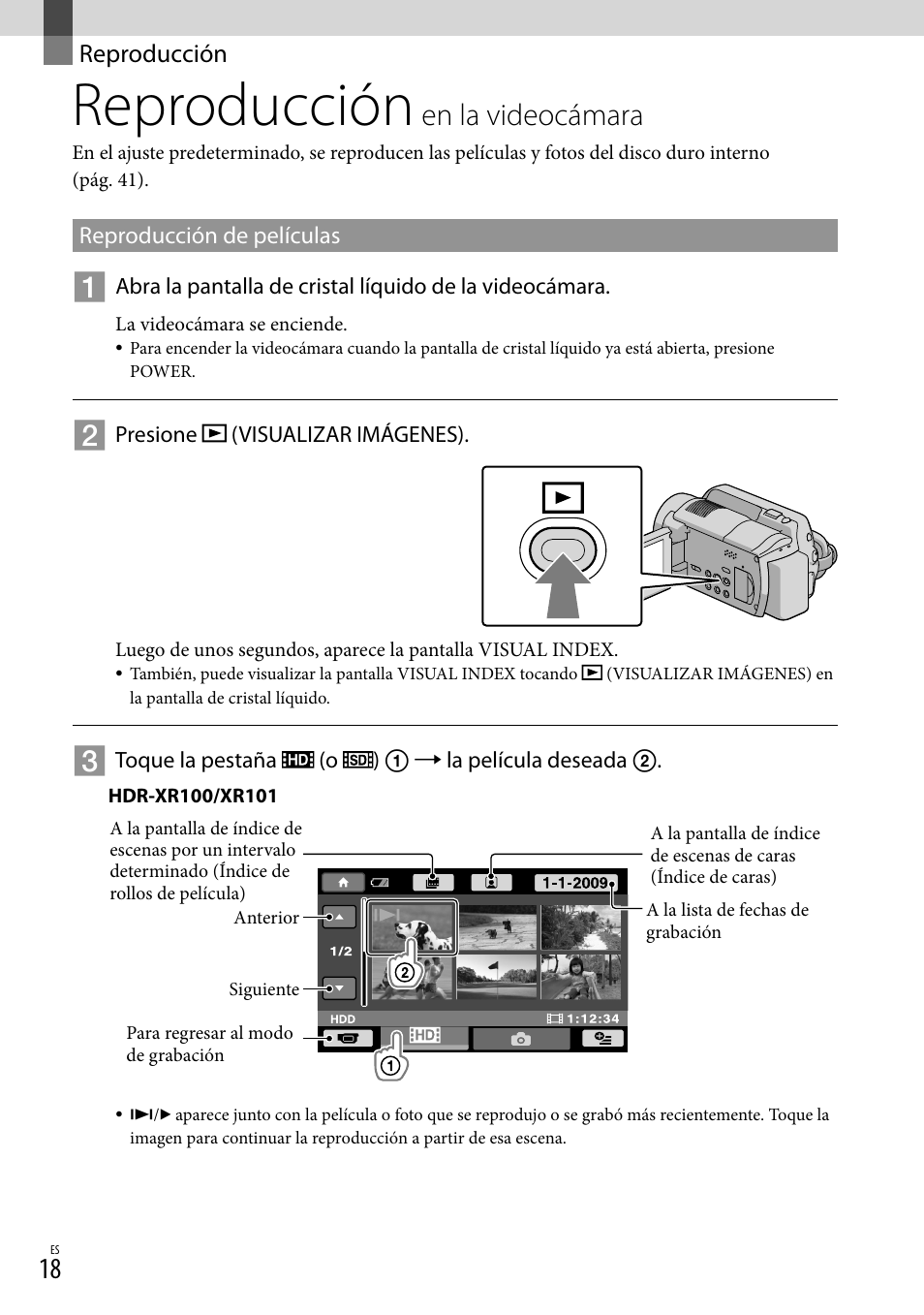 Reproducción, Reproducción en la videocámara, En.la.videocámara | Sony HDR-XR100 User Manual | Page 82 / 130