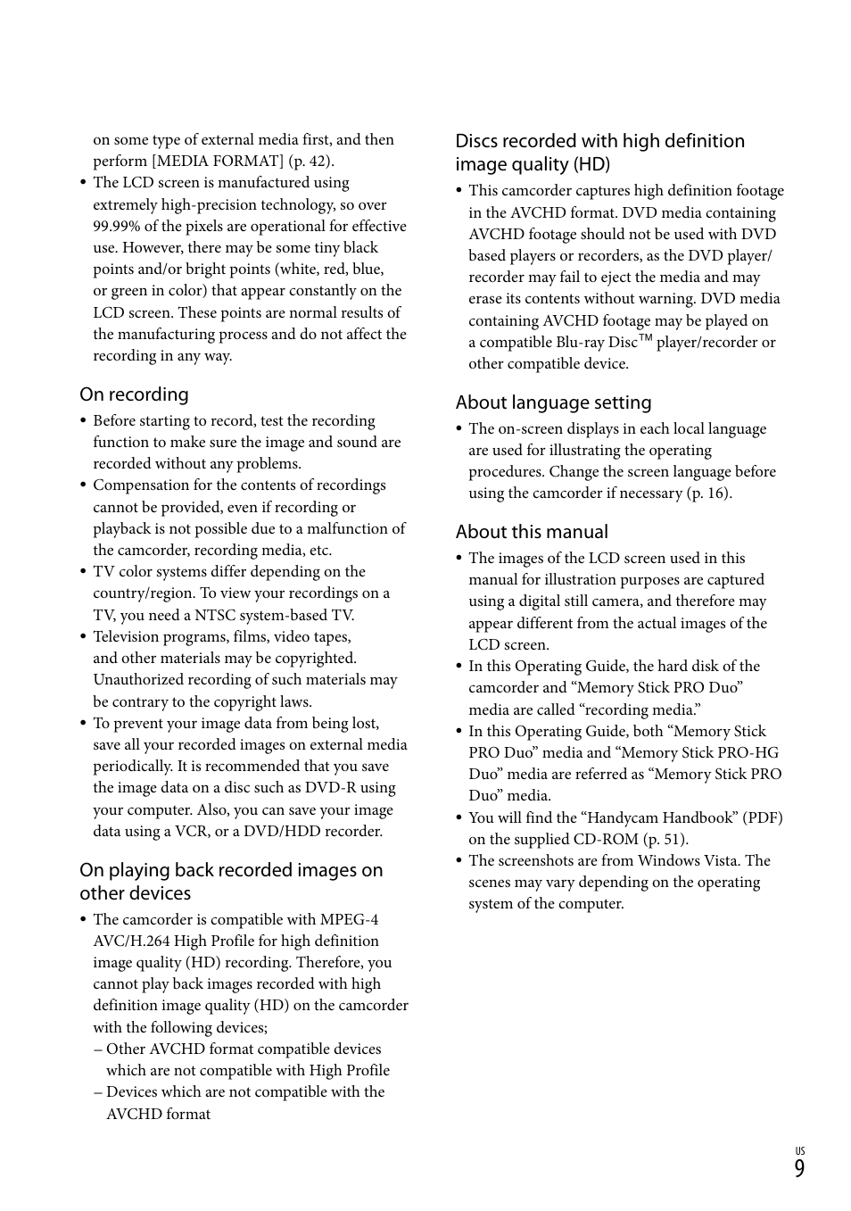 On recording, On playing back recorded images on other devices, About language setting | About this manual | Sony HDR-XR100 User Manual | Page 9 / 130