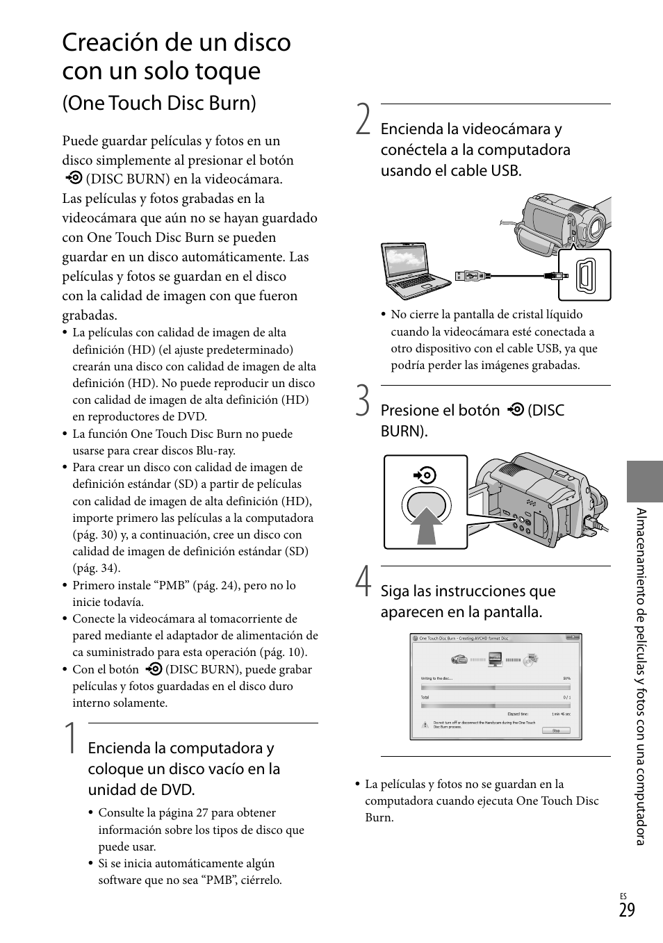 Creación de un disco con un solo toque, One touch disc burn) | Sony HDR-XR100 User Manual | Page 93 / 130