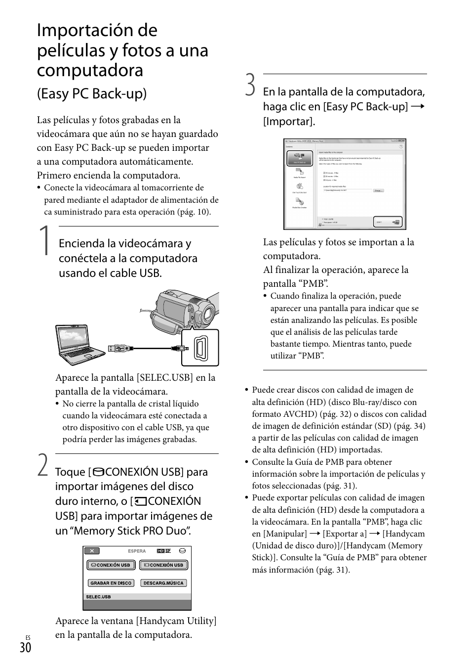 Importación de películas y fotos a una computadora, Easy pc back-up) | Sony HDR-XR100 User Manual | Page 94 / 130