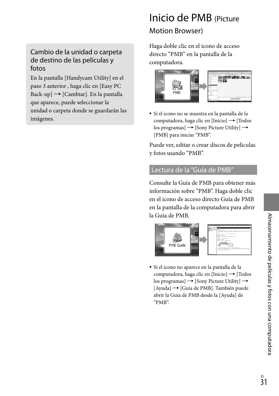 Inicio de pmb (picture motion browser), Inicio de pmb, Picture motion browser) | Lectura de la “guía de pmb | Sony HDR-XR100 User Manual | Page 95 / 130