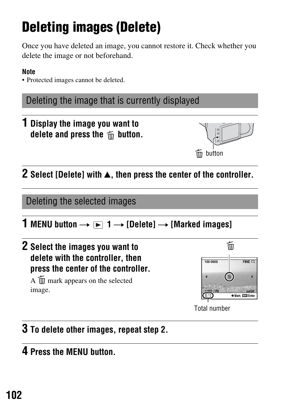 Deleting images (delete), Button (102), Delete (102) | Sony DSLR-A200K User Manual | Page 102 / 158
