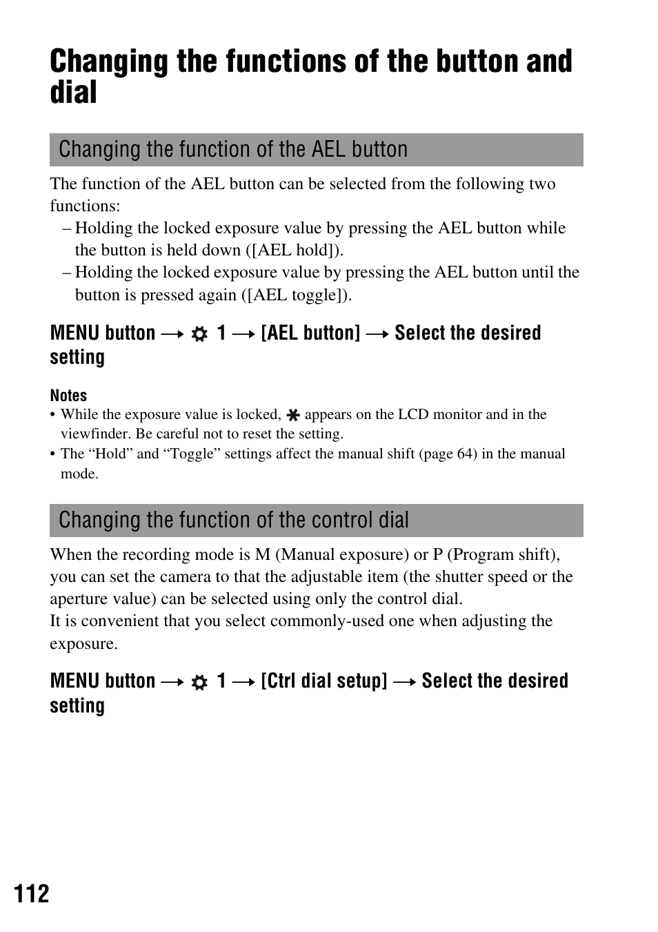 Changing the functions of the button and dial, On (112), P (112) | Sony DSLR-A200K User Manual | Page 112 / 158