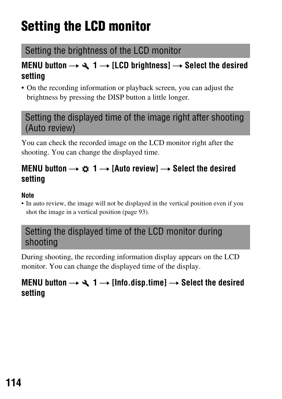 Setting the lcd monitor, Ew (114), E (114) | Sony DSLR-A200K User Manual | Page 114 / 158