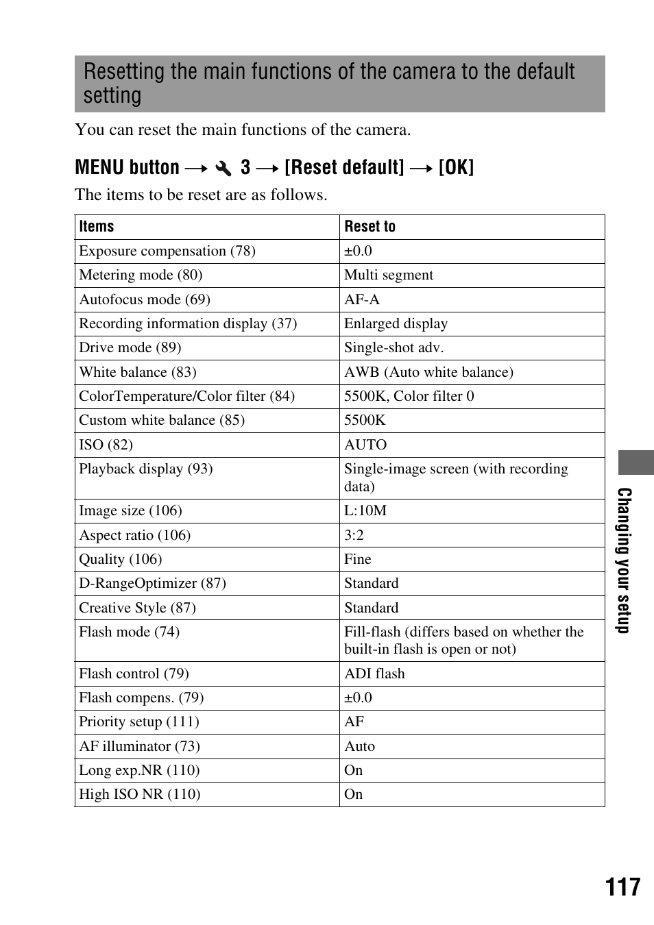 T (117), Menu button t 3 t [reset default] t [ok | Sony DSLR-A200K User Manual | Page 117 / 158
