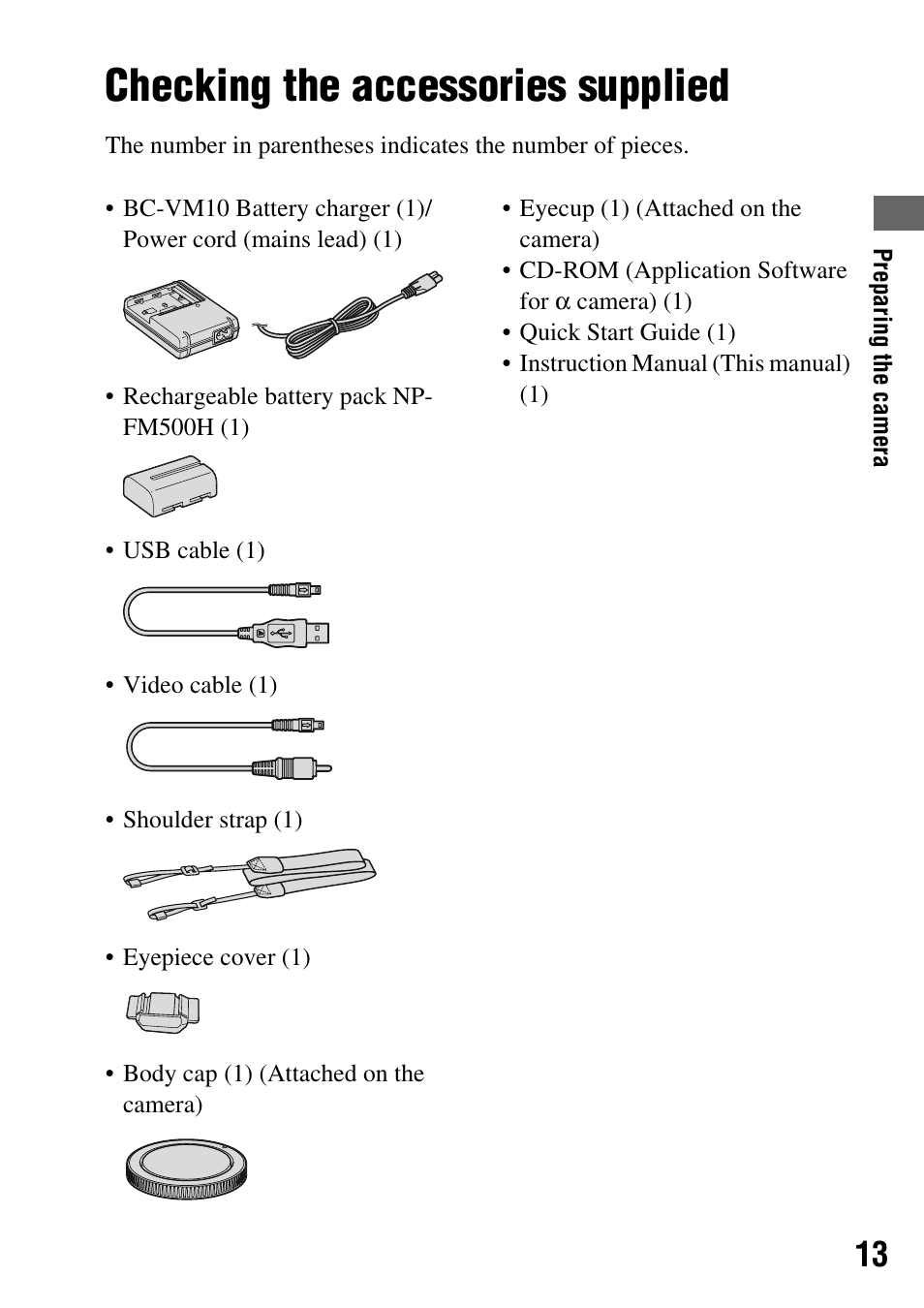 Preparing the camera, Checking the accessories supplied | Sony DSLR-A200K User Manual | Page 13 / 158