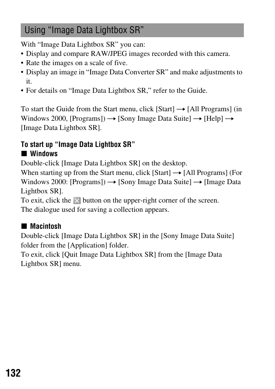 Using “image data lightbox sr | Sony DSLR-A200K User Manual | Page 132 / 158