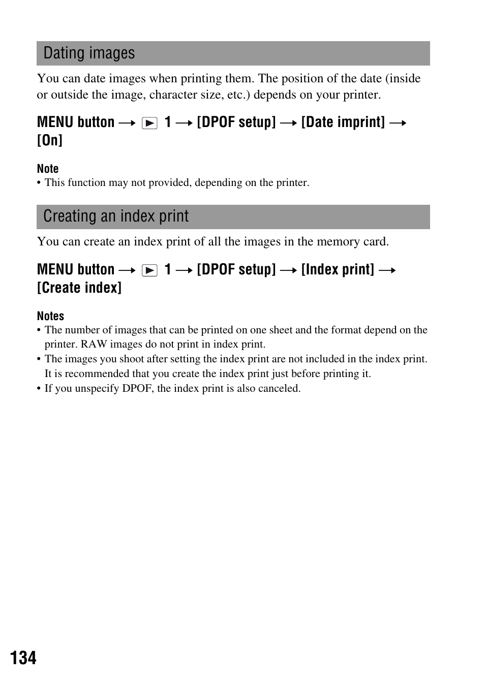 T (134), Dating images creating an index print | Sony DSLR-A200K User Manual | Page 134 / 158