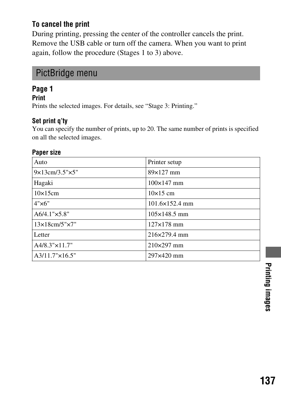 Pictbridge menu | Sony DSLR-A200K User Manual | Page 137 / 158