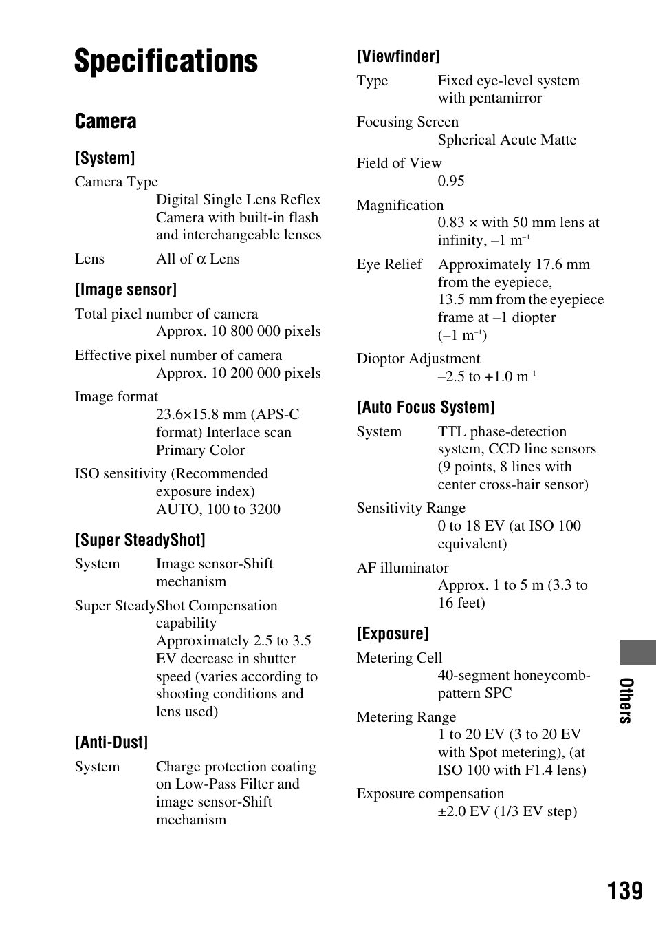Others, Specifications, Camera | Sony DSLR-A200K User Manual | Page 139 / 158
