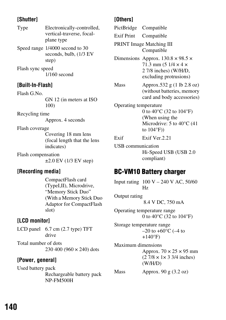 Bc-vm10 battery charger | Sony DSLR-A200K User Manual | Page 140 / 158