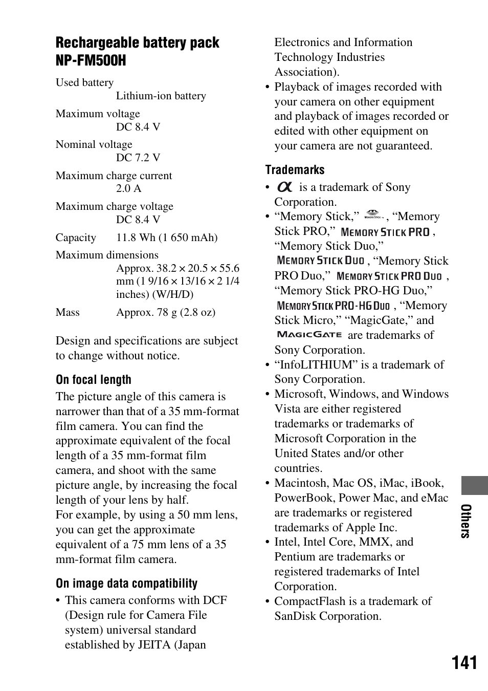 Rechargeable battery pack np-fm500h | Sony DSLR-A200K User Manual | Page 141 / 158