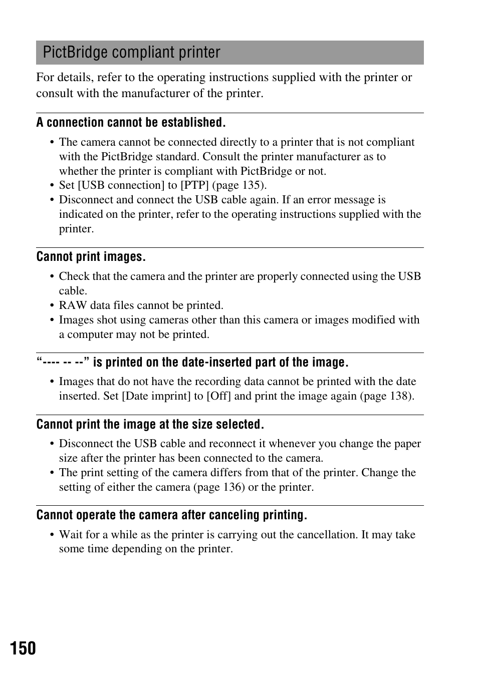 See “pictbridge compliant printer, Pictbridge compliant printer | Sony DSLR-A200K User Manual | Page 150 / 158