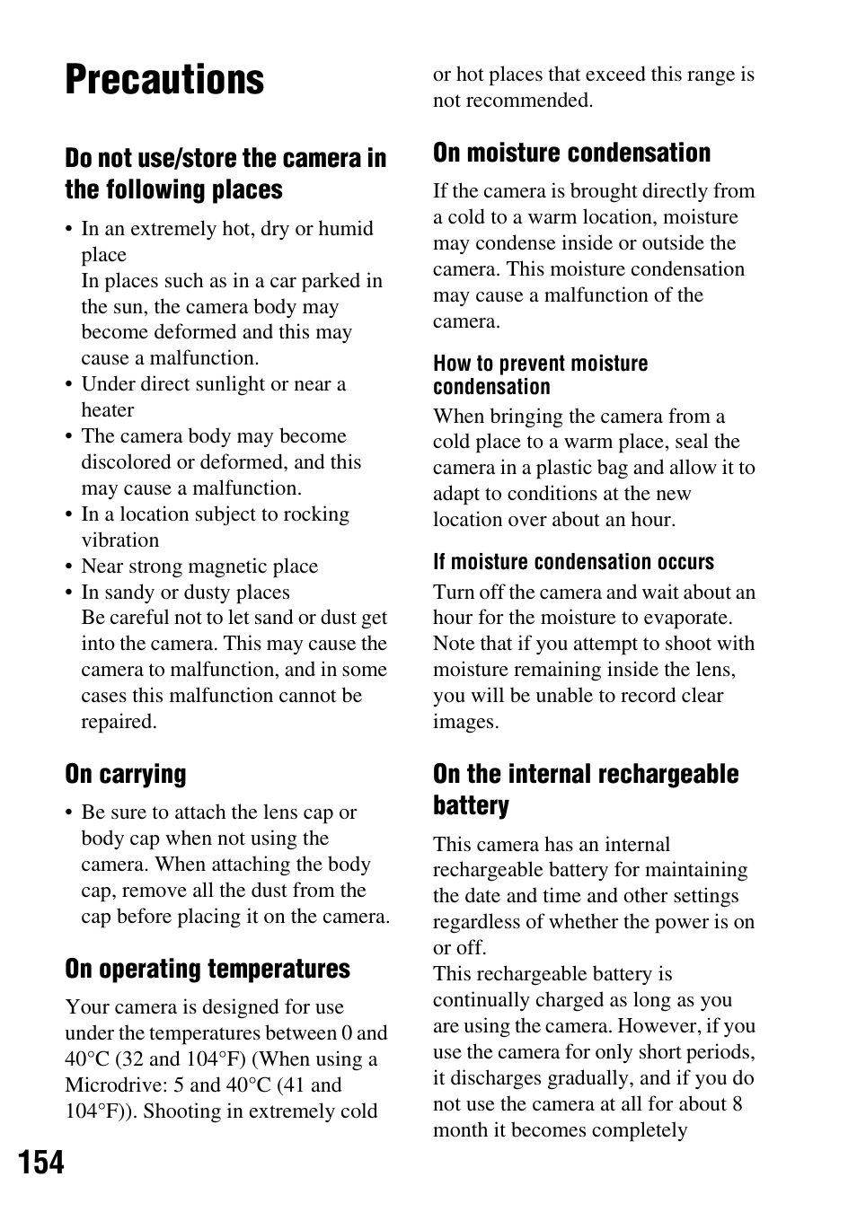 Precautions | Sony DSLR-A200K User Manual | Page 154 / 158
