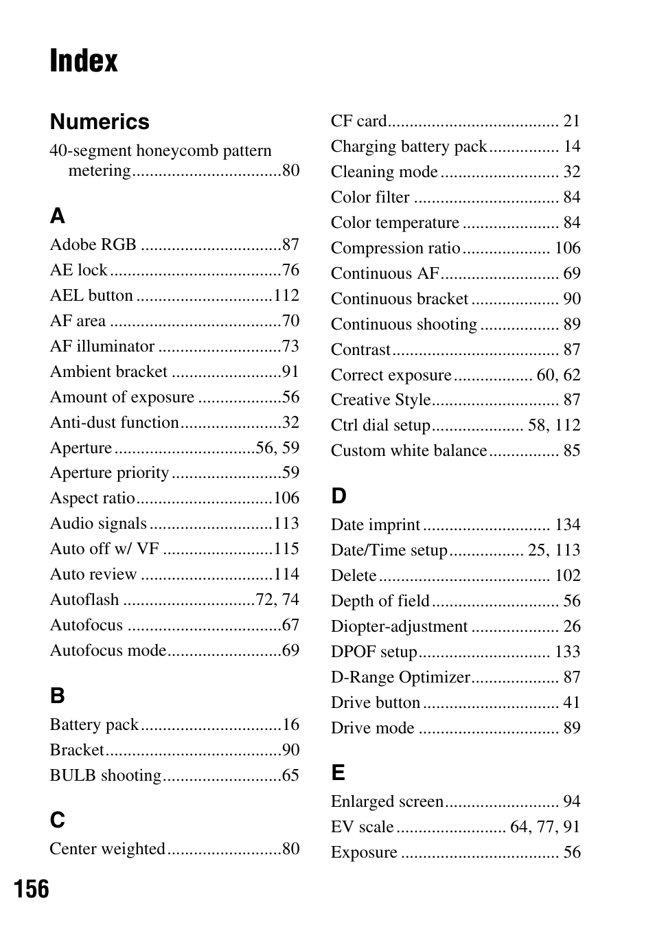 Index, Numerics | Sony DSLR-A200K User Manual | Page 156 / 158