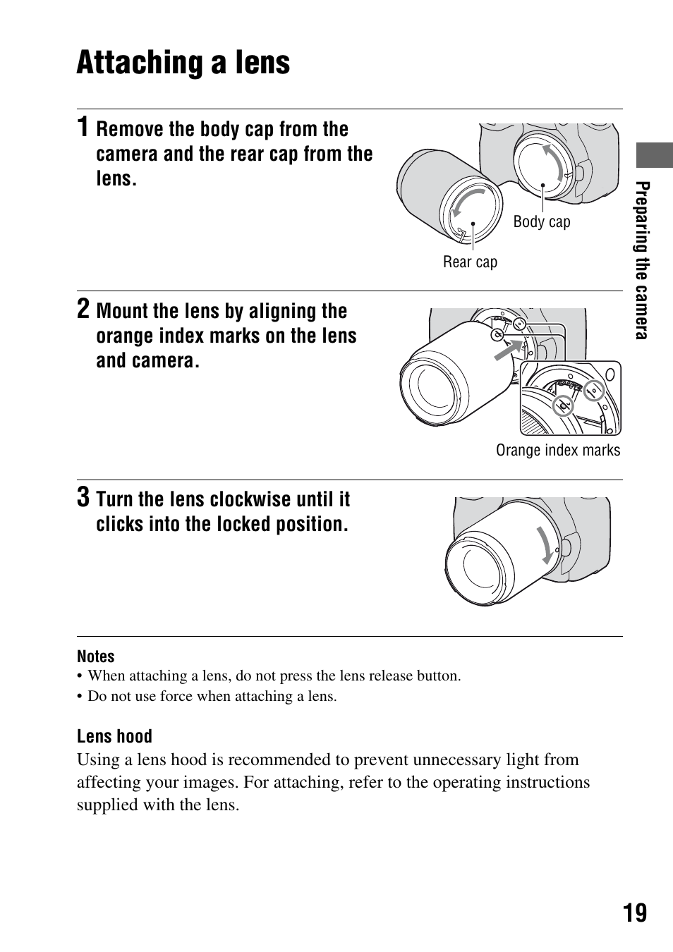 Attaching a lens | Sony DSLR-A200K User Manual | Page 19 / 158