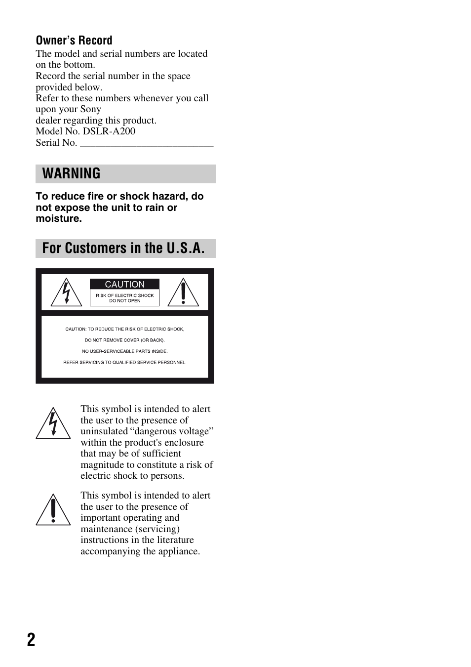 Warning for customers in the u.s.a | Sony DSLR-A200K User Manual | Page 2 / 158