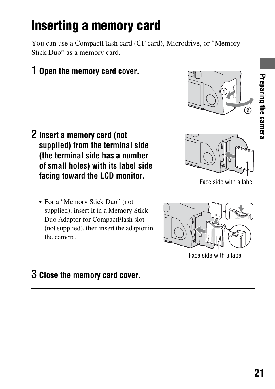 Inserting a memory card | Sony DSLR-A200K User Manual | Page 21 / 158