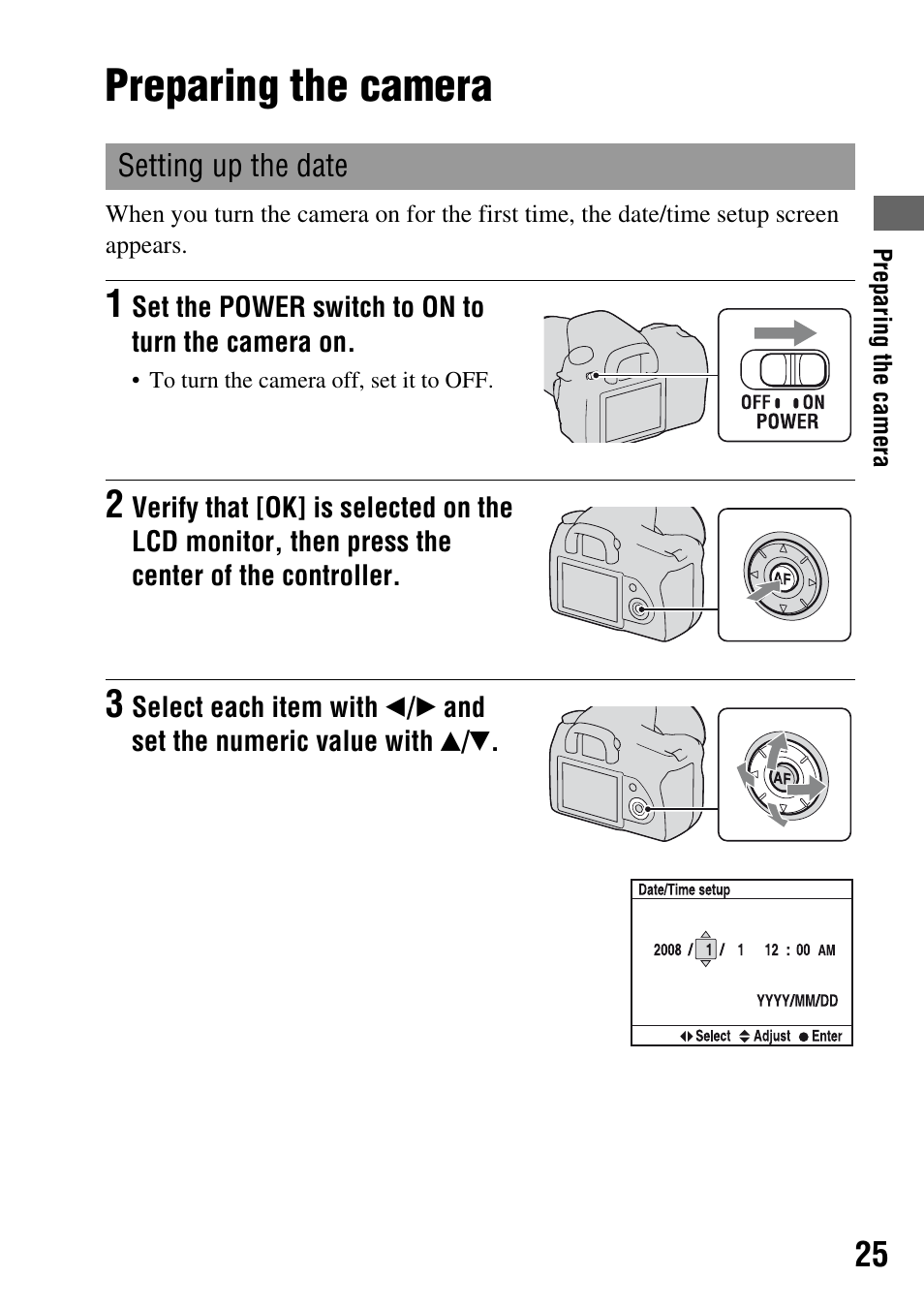 Preparing the camera | Sony DSLR-A200K User Manual | Page 25 / 158