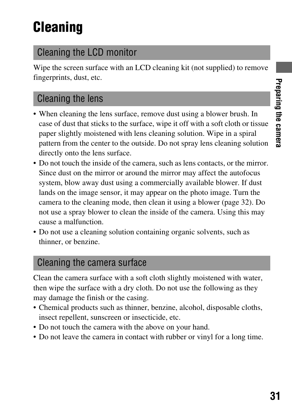 Cleaning | Sony DSLR-A200K User Manual | Page 31 / 158