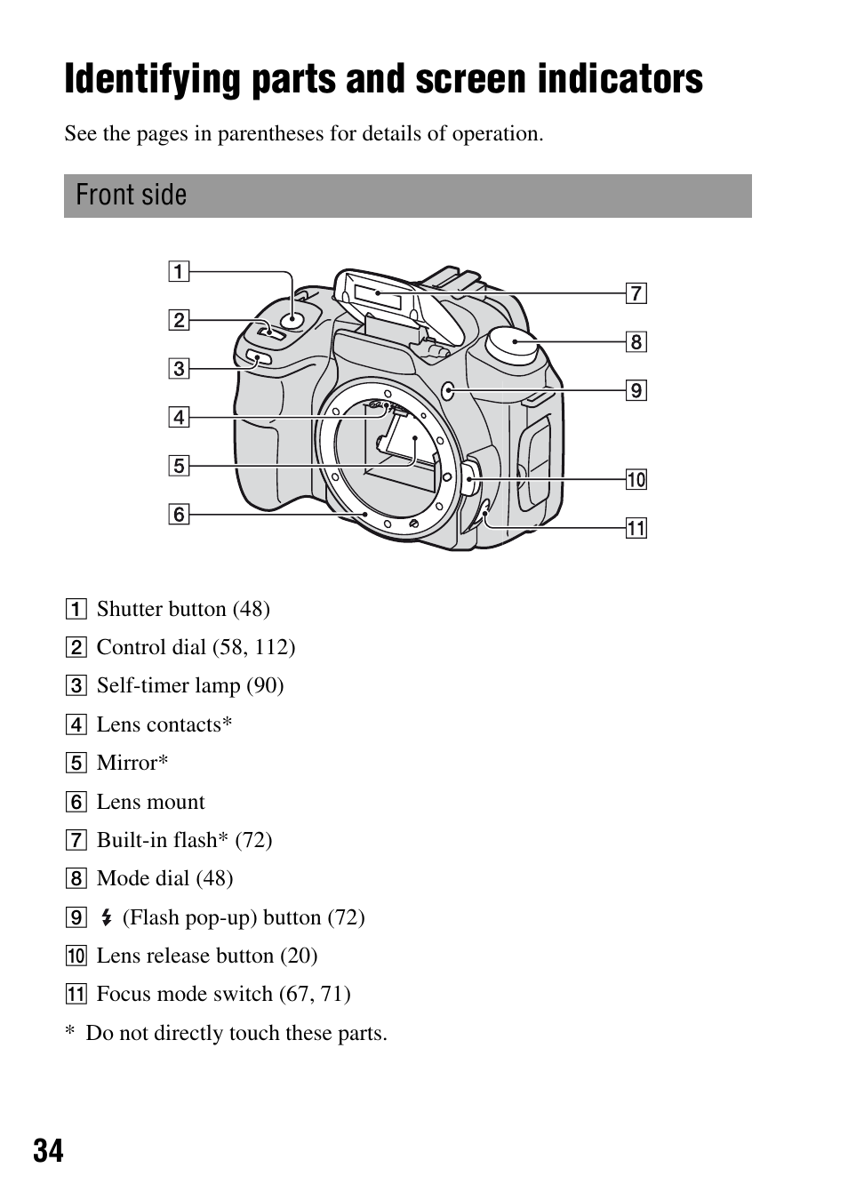 Before your operation, Identifying parts and screen indicators, Front side | Sony DSLR-A200K User Manual | Page 34 / 158