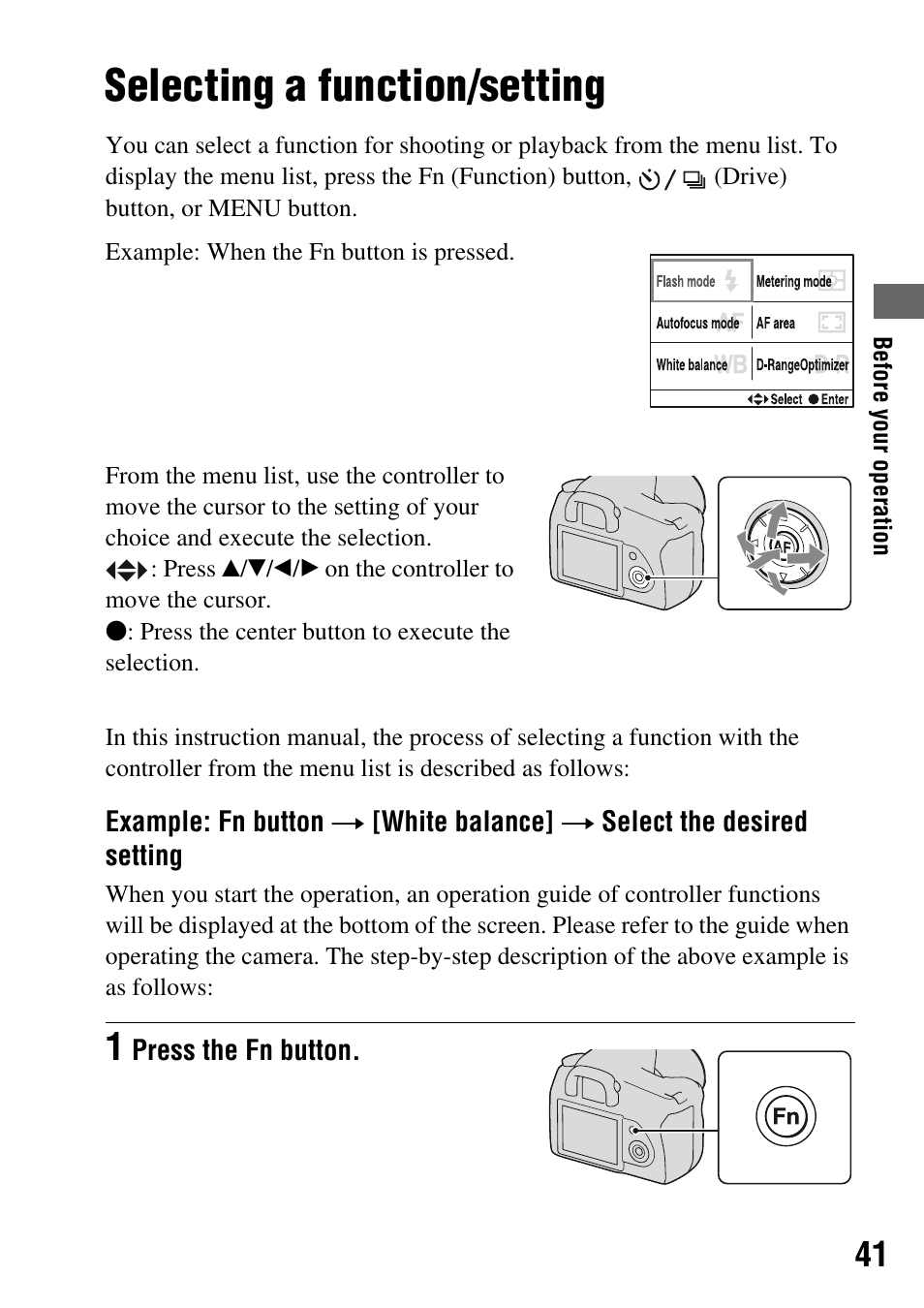 Selecting a function/setting, N (41) | Sony DSLR-A200K User Manual | Page 41 / 158