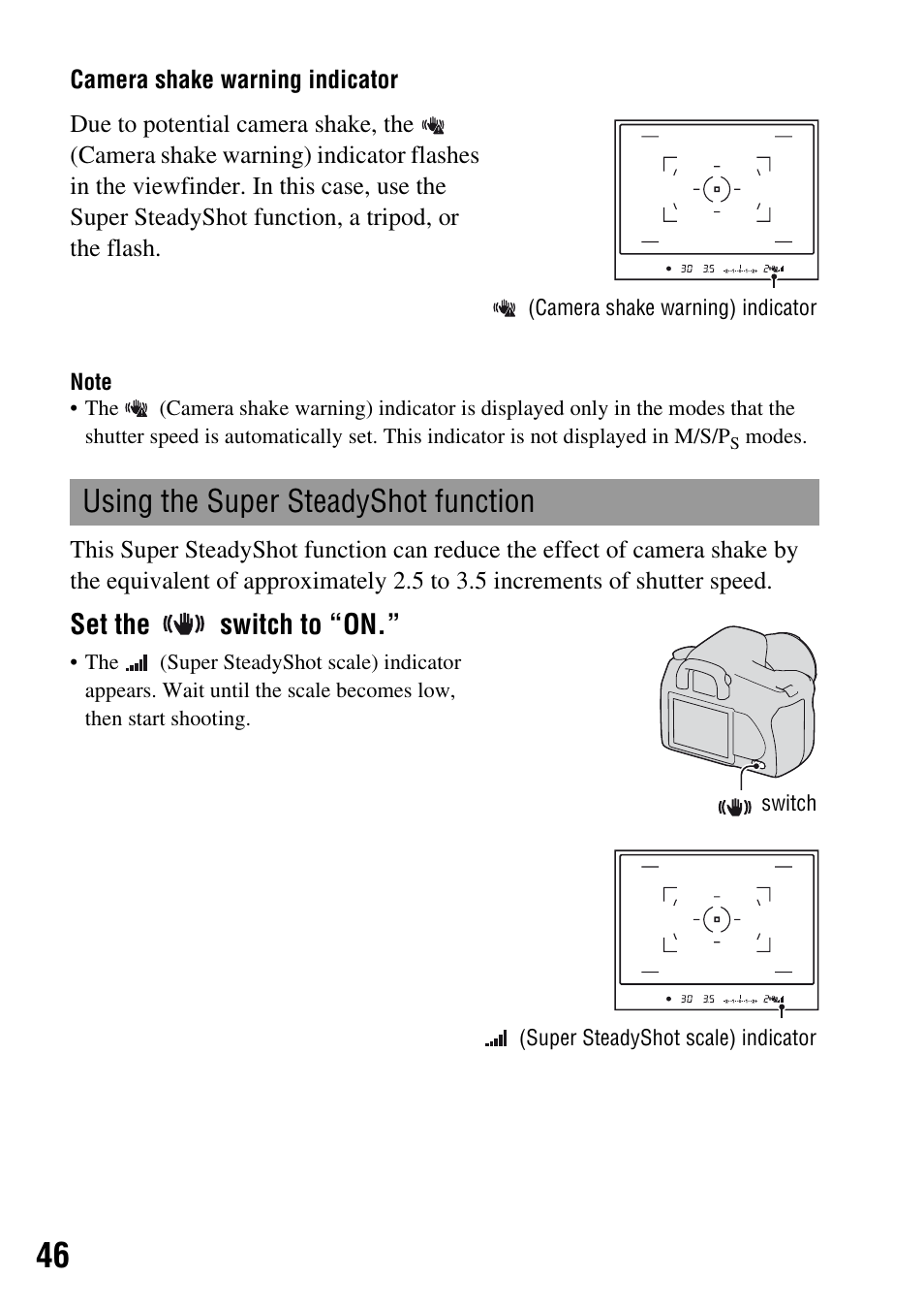 Using the super steadyshot function, Set the switch to “on | Sony DSLR-A200K User Manual | Page 46 / 158