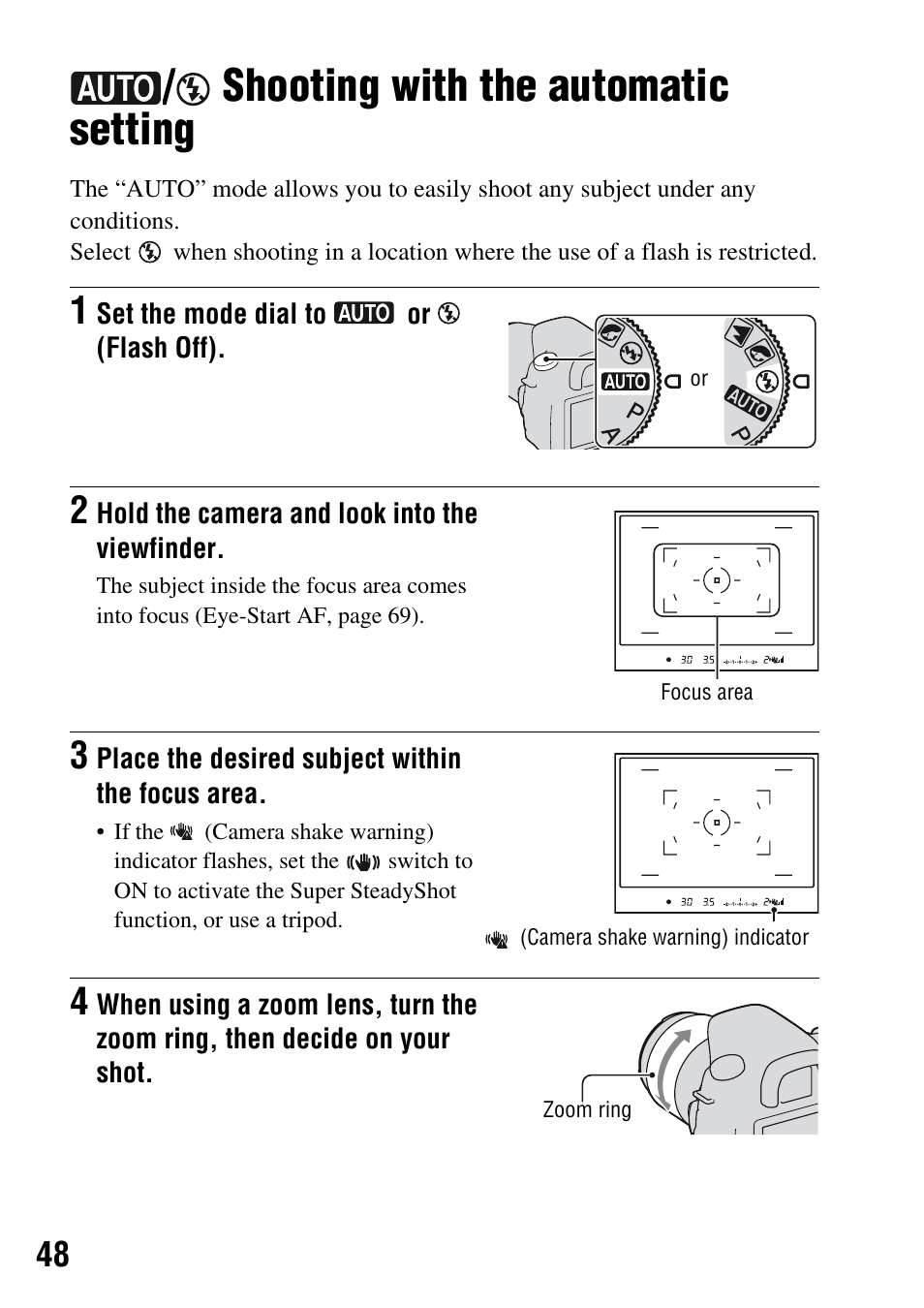 Shooting with the automatic setting, Tton (48), Dial (48) | Sony DSLR-A200K User Manual | Page 48 / 158