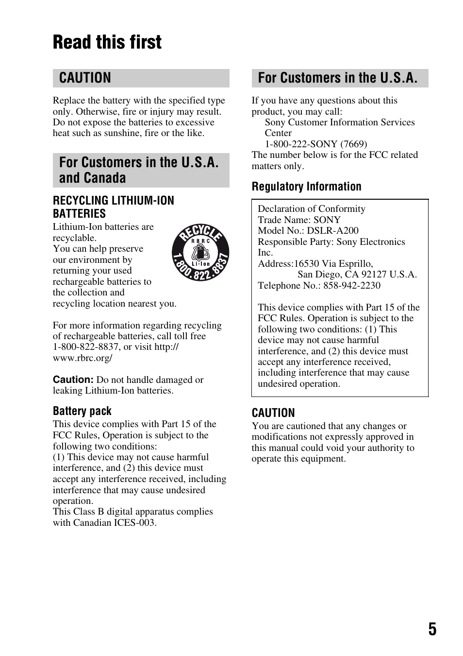 Read this first | Sony DSLR-A200K User Manual | Page 5 / 158