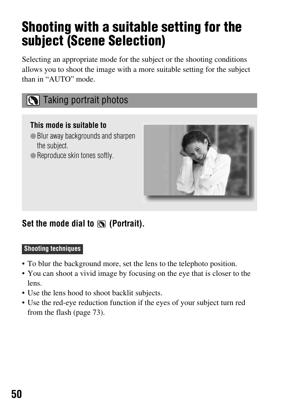 Taking portrait photos, Selection) | Sony DSLR-A200K User Manual | Page 50 / 158