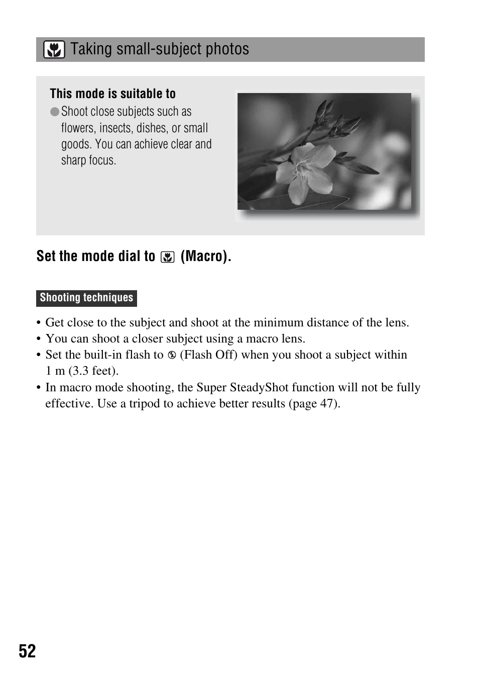 Taking small-subject photos | Sony DSLR-A200K User Manual | Page 52 / 158