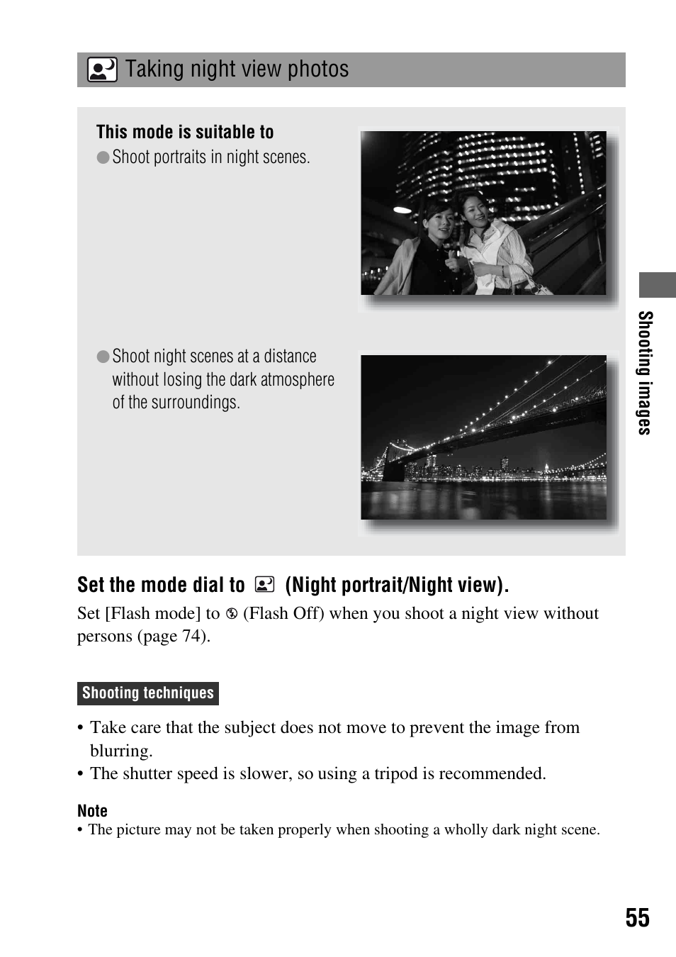 Taking night view photos, Set the mode dial to (night portrait/night view) | Sony DSLR-A200K User Manual | Page 55 / 158