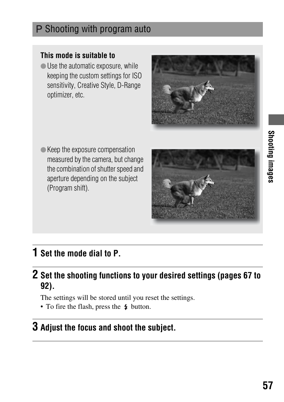 Shooting with program auto | Sony DSLR-A200K User Manual | Page 57 / 158