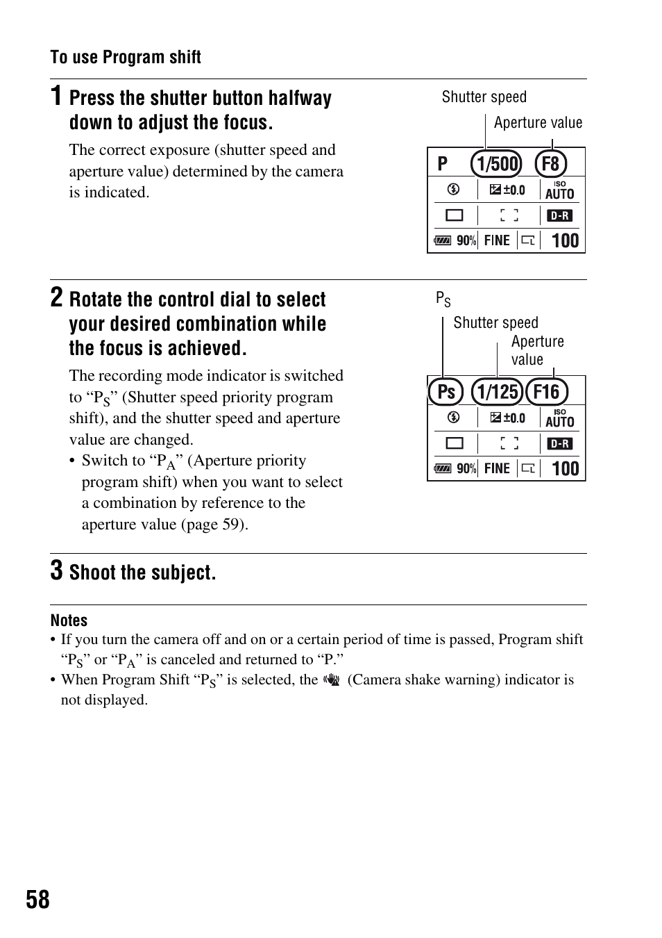 L dial (58, Shoot the subject | Sony DSLR-A200K User Manual | Page 58 / 158