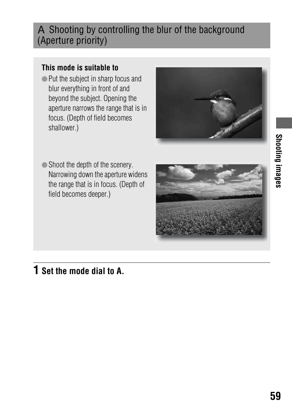 Shooting by controlling the blur of the background, Aperture priority) | Sony DSLR-A200K User Manual | Page 59 / 158