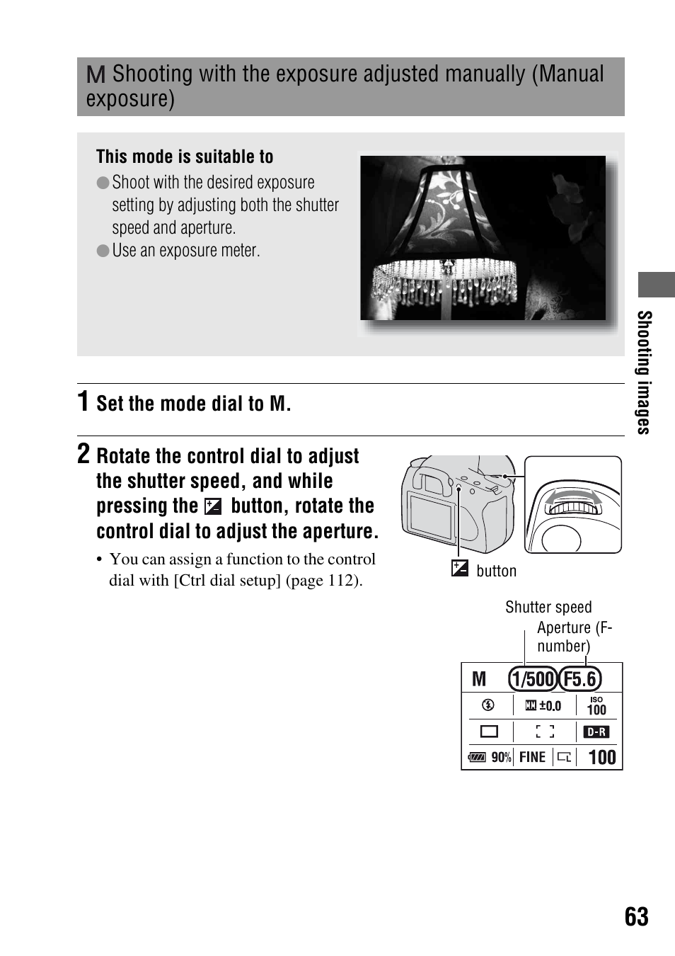 Shooting with the exposure adjusted manually, Manual exposure), E (63) | Sony DSLR-A200K User Manual | Page 63 / 158