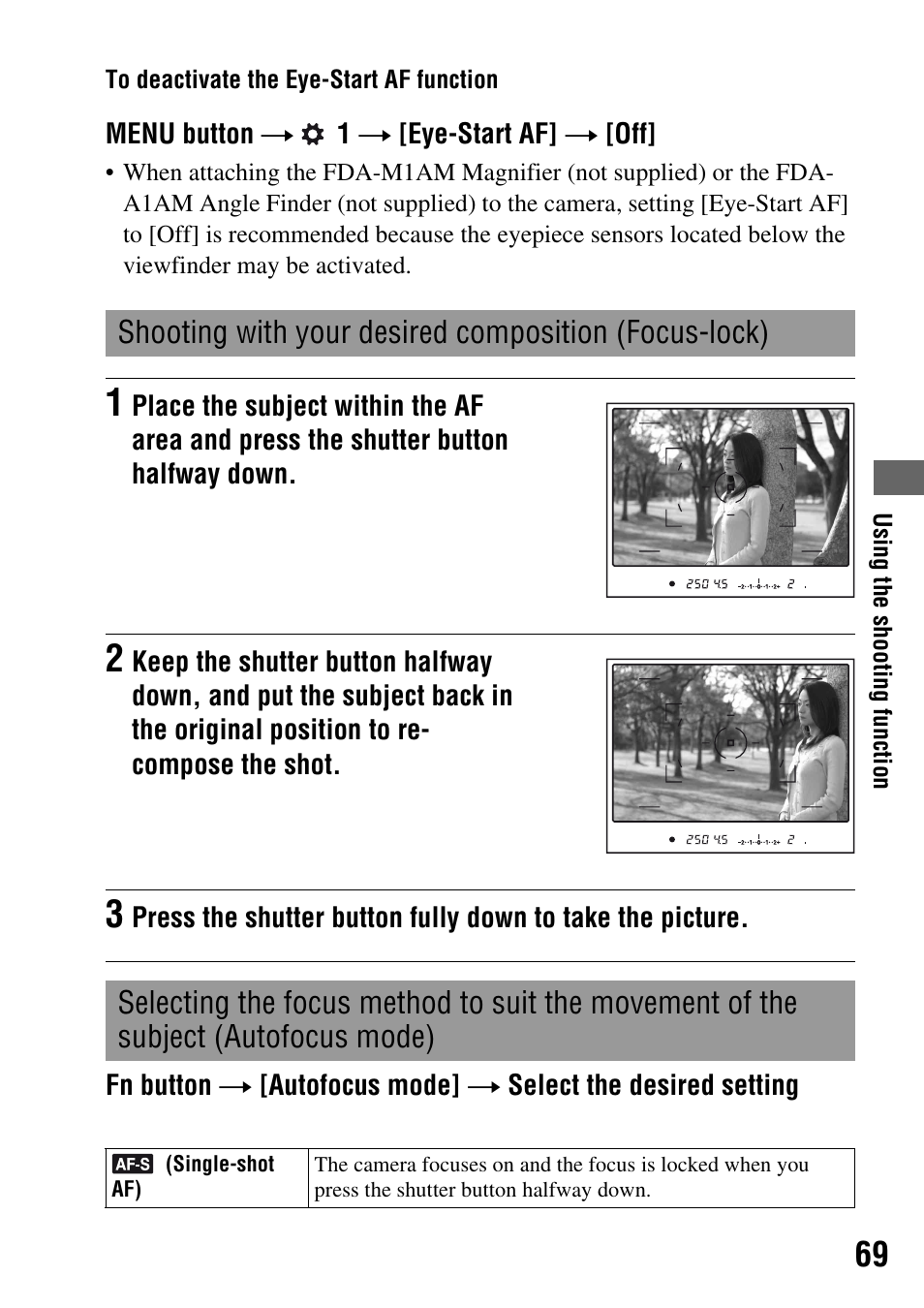 Subject (autofocus mode), Eyepiece sensors (69), De (69) | T af (69) | Sony DSLR-A200K User Manual | Page 69 / 158