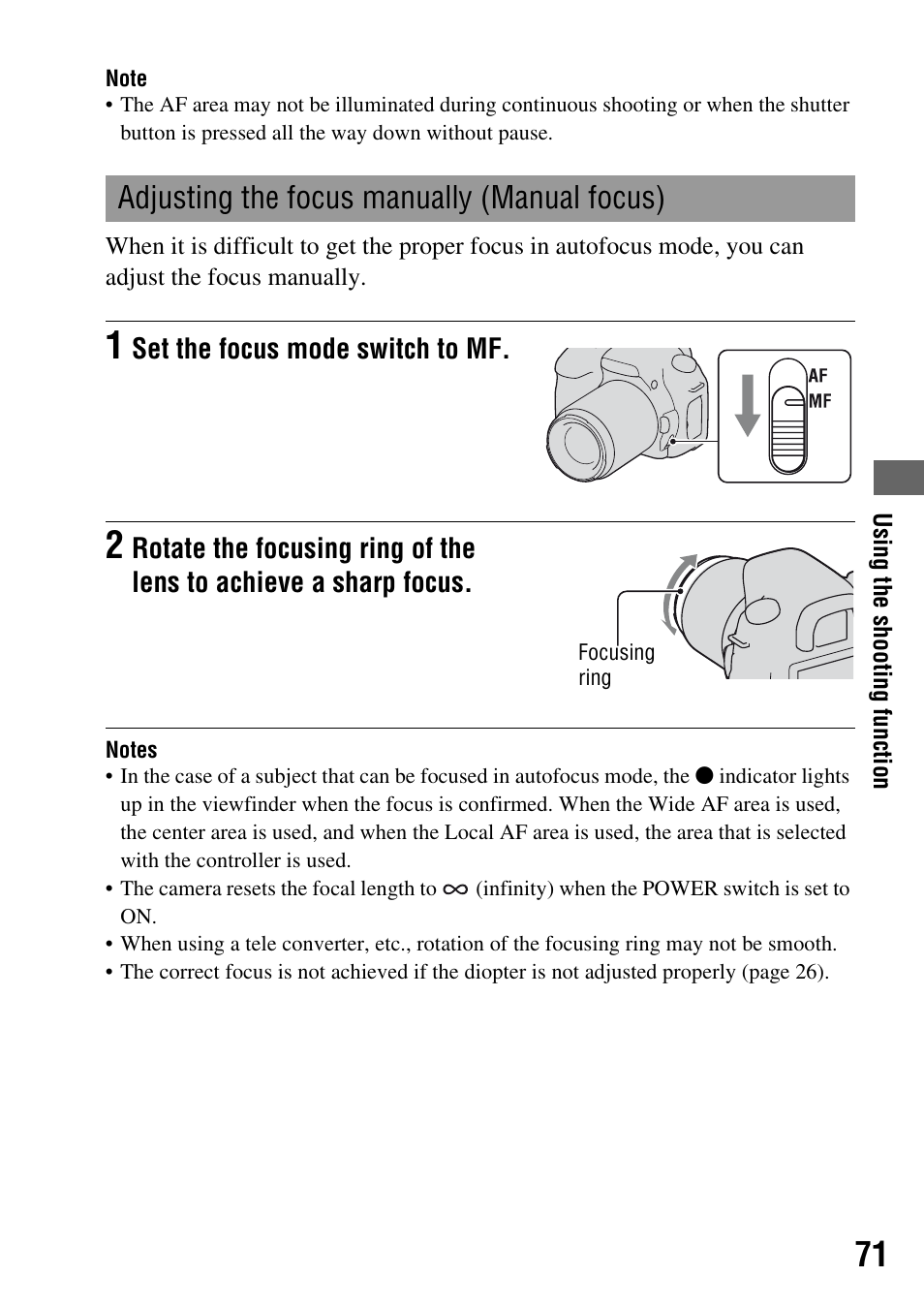 Adjusting the focus manually (manual focus) | Sony DSLR-A200K User Manual | Page 71 / 158