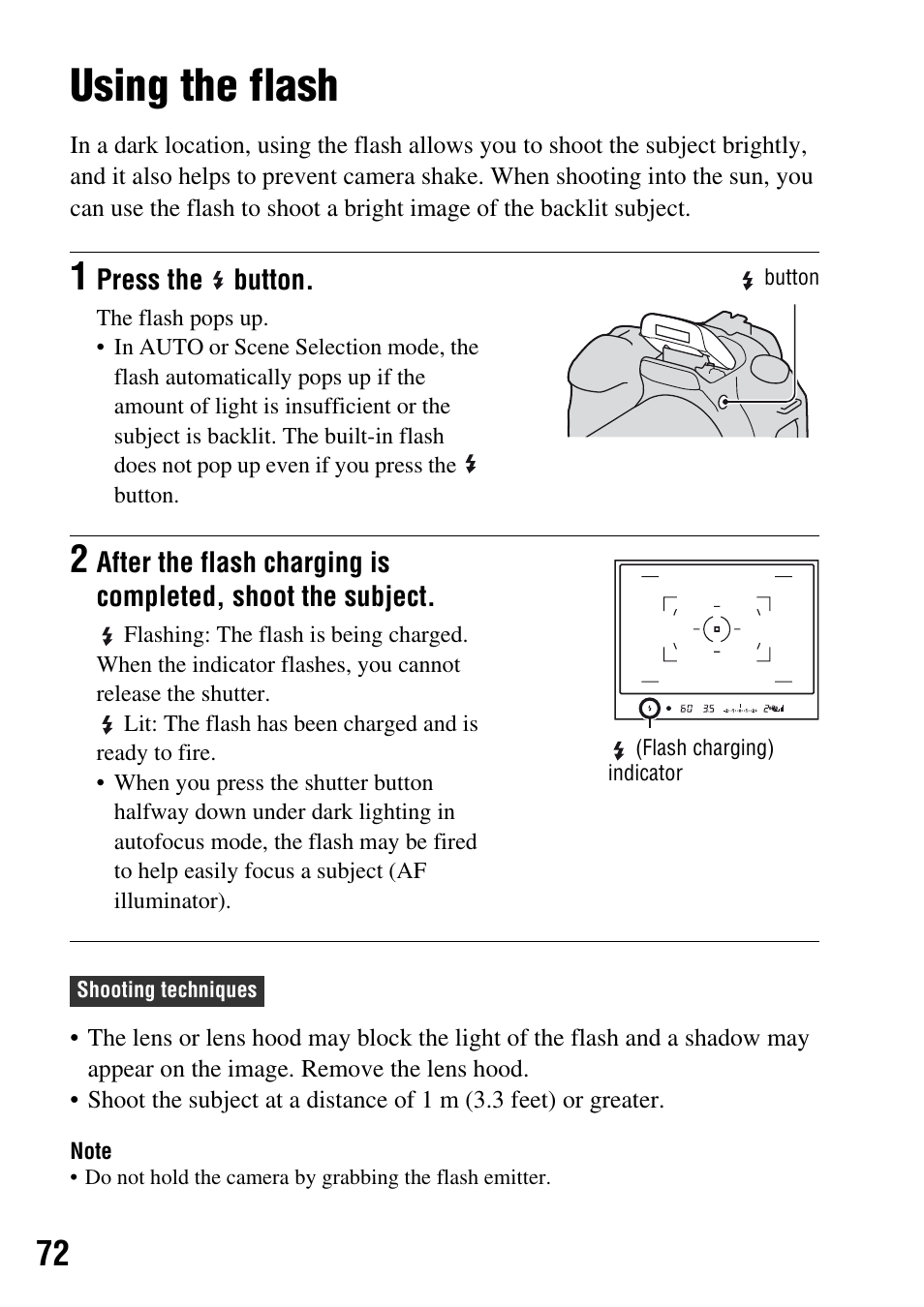 Using the flash, In flash* (72), N (72) | Sony DSLR-A200K User Manual | Page 72 / 158