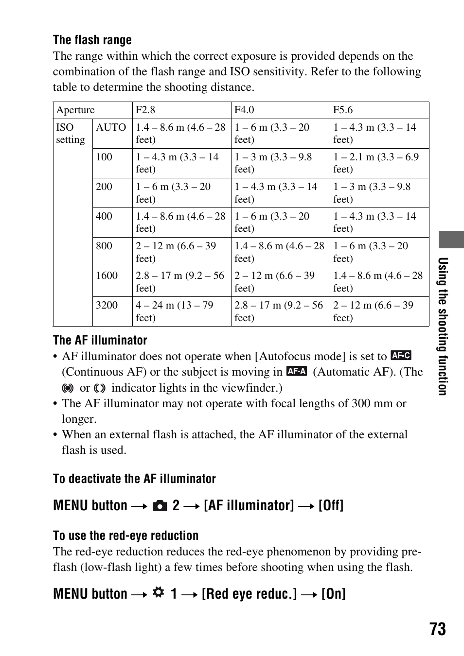 On (73), Eye reduc. (73), Menu button t 2 t [af illuminator] t [off | Menu button t 1 t [red eye reduc.] t [on | Sony DSLR-A200K User Manual | Page 73 / 158