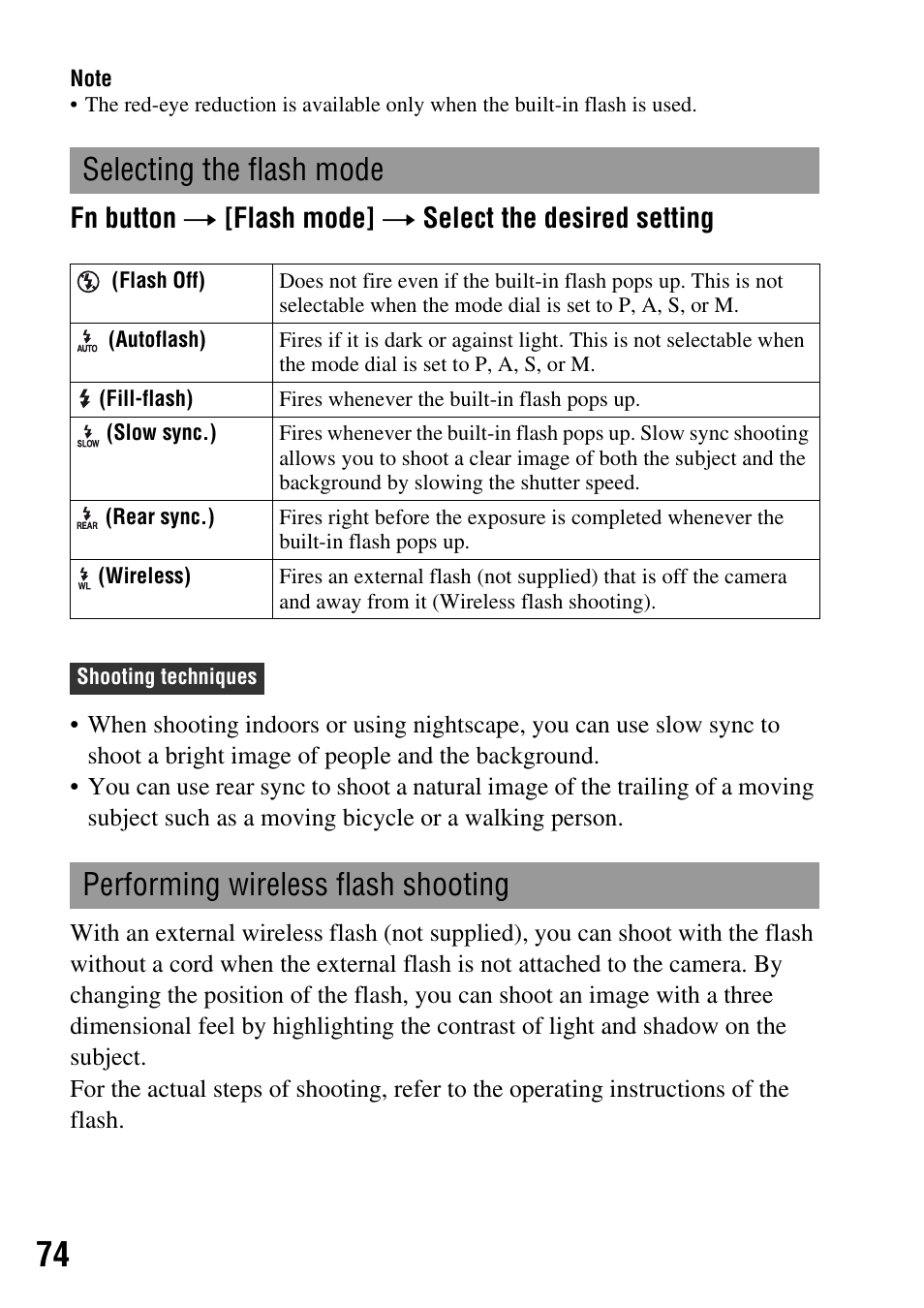Selecting the flash mode, Performing wireless flash shooting, 74)/r | Ng (74), Flash (74) | Sony DSLR-A200K User Manual | Page 74 / 158