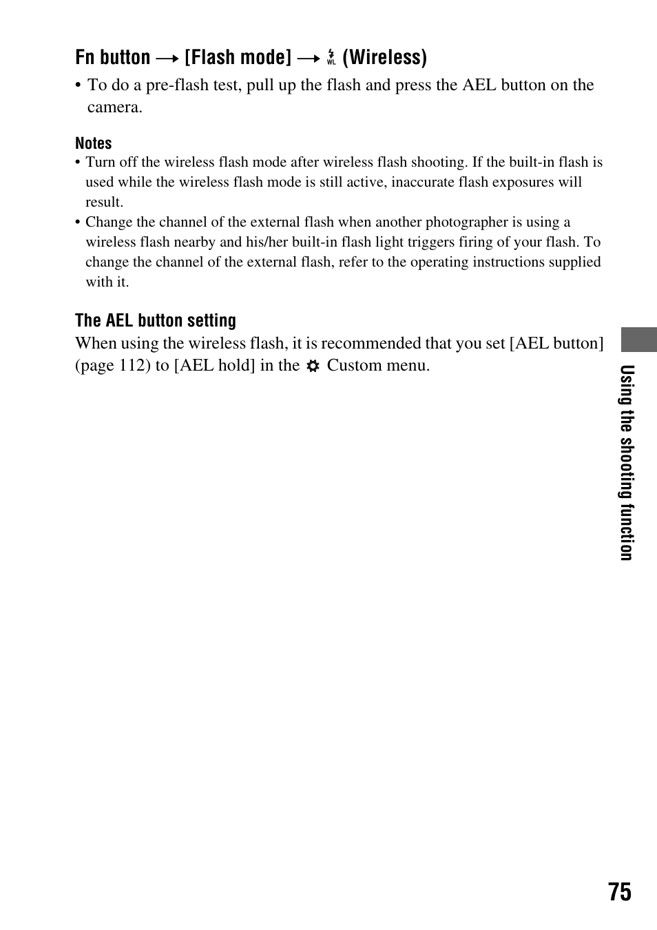 Fn button t [flash mode] t (wireless) | Sony DSLR-A200K User Manual | Page 75 / 158