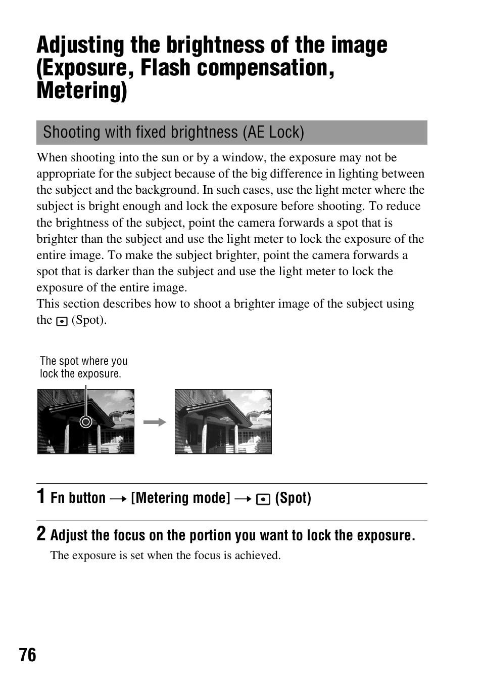 Shooting with fixed brightness (ae lock), Lock (76) | Sony DSLR-A200K User Manual | Page 76 / 158